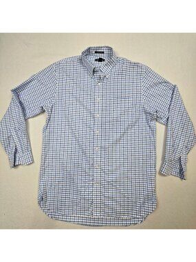 Lands End Men 17-37T Traditional Fit Plaid Supima Cotton Blue/White Oxford Shirt